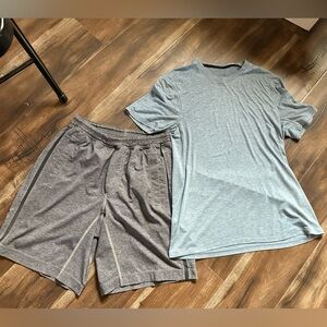 Bundle Lululemon Size M Pacebreaker 8"-Inch Shorts plus T-Shirt, Blue and Gray.